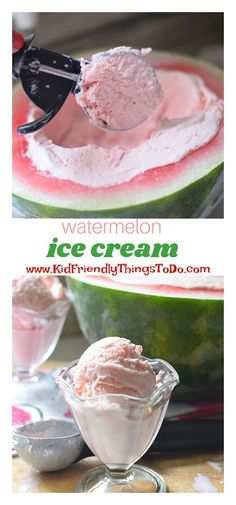 watermelon ice cream in a glass bowl with spoons full of icecream