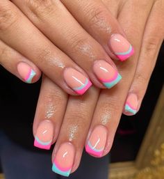 Creative French Tip Nails Short, Colorful French Tip Nails Square, Summer Nail Ideas 2023, Gel Ideas, Nails 23, Make Nails, Preppy Nails, Summer Nail Ideas, 2023 Nails