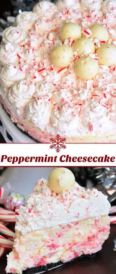 peppermint cheesecake with white frosting and candy canes on the top