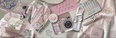 a collage of pink and white items