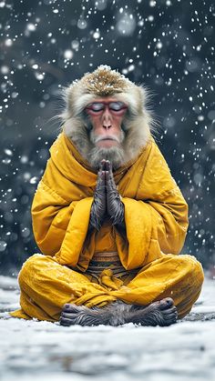 a monkey dressed in yellow sitting on the ground with his hands clasped to his chest