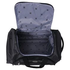 an open black suitcase on white background