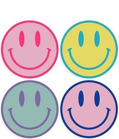 four different colored smiley faces on a white background