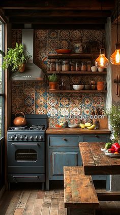 a kitchen with an oven, table and shelves filled with pots and pans on the wall