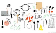 an assortment of kitchen utensils on a white background