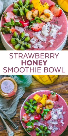 strawberry honey smoothie bowl with strawberries, bananas and other fruit in it on a wooden table