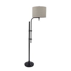 a black floor lamp with a white shade on the base and a light bulb in the middle