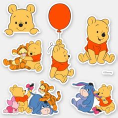 winnie the pooh and friends stickers are shown in various shapes, sizes and colors