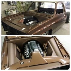 two pictures of the inside of a car with an engine in it's trunk