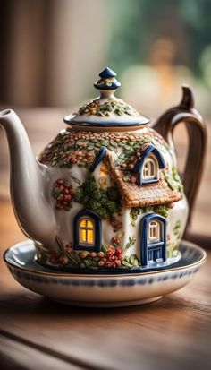 a tea pot with a house on it