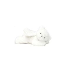 a white teddy bear laying down on the ground