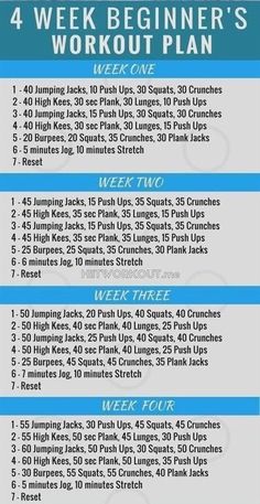 the 4 week beginner's workout plan is shown in blue and white text