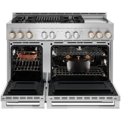 two ovens with pots and pans in them