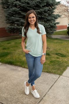 Dusty Mint Vneck Layering Tee (SM-3X) Casual V-neck Top For Layering, Spring V-neck Top For Layering, Casual V-neck T-shirt For Gatherings, Spring Everyday V-neck Top, Casual V-neck Top For Spring Layering, Casual V-neck Top For Layering With Relaxed Fit, Casual V-neck Top With Relaxed Fit For Layering, Spring V-neck T-shirt For Casual Gatherings, Green Relaxed Fit V-neck Top Casual