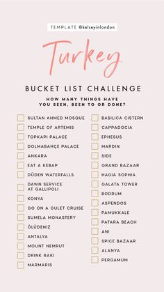 the turkey bucket list is shown in pink