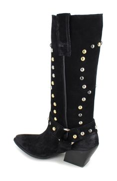 Mixed metallic studs gleam on a classic suede Western boot complete with harness hardware. 2 1/4" heel 11 1/4" shaft; 14" calf circumference Pull-on style Leather upper, lining and sole Made in Italy Black Western Boots With Rhinestone Rivets, Studded Suede Boots, Western Leather Boots With Silver Studs, Studded Suede Boots For Fall, Fall Suede Boots With Studs, Studded Leather Knee-high Boots, Western Boots Women, Walker Shoes, Platform Slippers