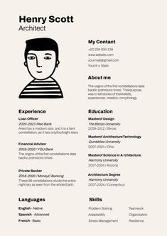 a simple resume with an image of a man's face on the front page