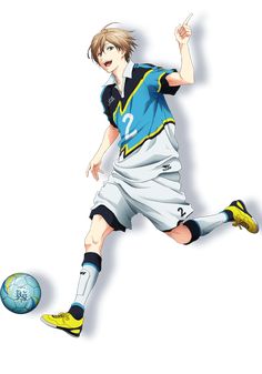 a man kicking a soccer ball on top of a white floor next to a blue and yellow ball