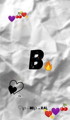 the letter b is made up of hearts and cherries on crumpled white paper with black letters