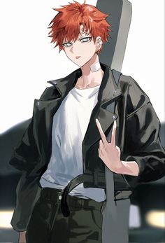 an anime character with red hair and black jacket