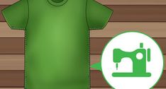 a green t - shirt with a sewing machine on the front and side, next to a wooden background