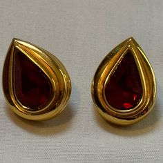 Not Too Sure The Stone, Could Be Ruby Or Garnet, But It’s On The Lighter Side Of Red. Gold Tone Post Stud Earrings Marked Givenchy. Red Drop Earrings For Formal Occasions, Red Teardrop Earrings For Formal Occasions, Red Clip-on Earrings For Formal Occasions, Red Pear-shaped Earrings For Formal Occasions, Formal Red Pear-shaped Earrings, Ruby Teardrop Earrings For Formal Occasions, Givenchy Jewelry, Dream Closets, The Stone