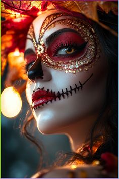 a woman with makeup painted to look like a skeleton is wearing red and gold leaves