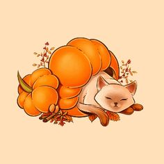 an orange and white cat sleeping on top of some pumpkins with leaves around it