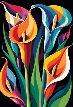 an abstract painting of colorful flowers on a black background