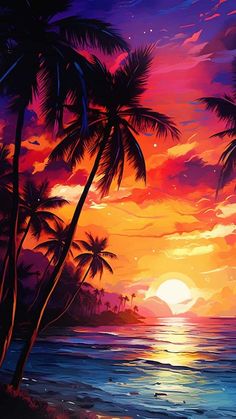 a painting of palm trees and the ocean at sunset