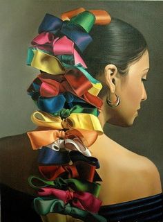 a painting of a woman's head with colorful ribbons on it