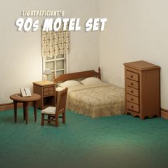 there is a bedroom with a bed and desk in the room that appears to be motel set