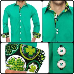 Proudly Made In The USA 100% Bright Green Italian Supremo Cotton Shamrock accent fabric Brushed nickel Ring Double Button Design Purl Stitch Buttonholes Our Mens St Patricks Day Shirts are destined to be among the finest among menswear. This style of designer dress shirt made specifically for St. Patrick's Holiday. The shirts are available in two different types, slim fit, and modern fit. Our Mens St Patricks Day Dress Shirt are green Italian supremo cotton with clover accent fabric. Each men's dress shirt has a unique gold ring double button design and double purl stitched buttonholes. - SHIRT IS MADE TO ORDER  - FASTEST LEAD TIME IN THE USA - We produce and ship within 1 business day. We ship 2-day priority mail in the USA and 1st Class International for all other counties.  - Shirts are Fitted Green Shirt With Button Cuffs, Green Fitted Button-up Shirt, Luxury Green Men's Shirt, Classic Green Button-up Dress Shirt, Mint Green Shirts, Unique Gold Rings, Linen Men, Green Cotton T-shirt For St. Patrick's Day, Button Up Dress