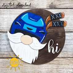 a wooden sign with an image of a viking helmet and the word hi on it