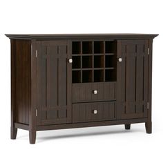 a wooden cabinet with two doors and drawers on one side, in dark brown wood