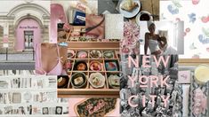 a collage of photos with the words new york city written in pink and white