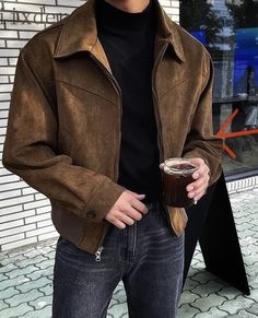 Streetwear Spring, Solid Brown, Zipper Shorts, Men's Leather Jacket, Elegante Casual, Casual Outerwear, Jackets Men Fashion, Cooler Look