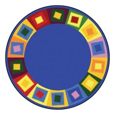 a circular rug with squares and rectangles in blue, yellow, red, green, orange, and yellow