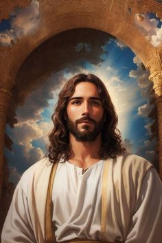 a painting of jesus with his arms crossed and looking at the camera, in front of an arch