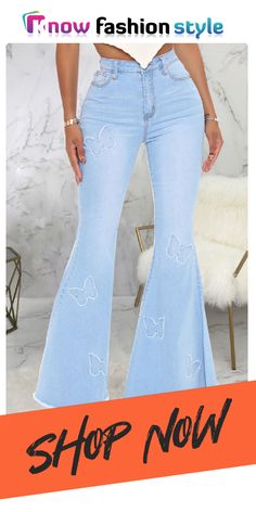 Baby Blue Casual Butterfly Print Split Joint Mid Waist Boot Cut Denim Jeans Dark Wash Patchwork Jeans For Summer, Summer Patchwork Dark Wash Jeans, Summer Denim Blue Patchwork Jeans, Fitted Light Blue Denim Bottoms, Summer Patchwork Denim Blue Jeans, Light Blue Denim Flare Jeans For Summer, Spring Light Blue Wide Leg Jeans, High Waist Light Blue Fitted Flare Jeans, Fitted Denim Flare Jeans For Summer