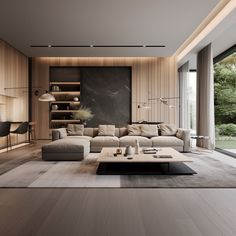 a modern living room with wood paneling and large windows