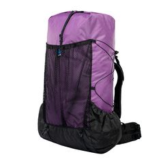 a purple backpack with black mesh on the front and back straps, sitting upright against a white background