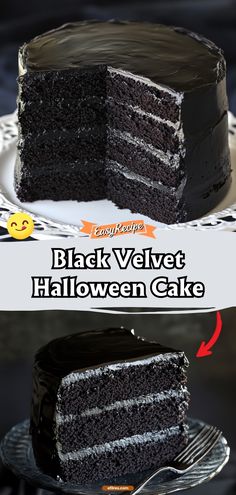 a slice of black velvet halloween cake on a plate