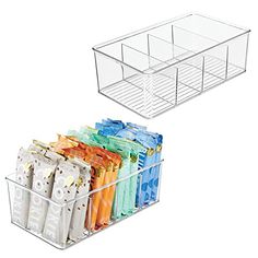 two clear bins filled with different colored items