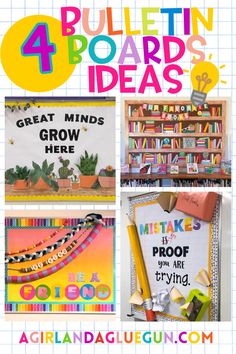 four bulletin board ideas for kids to use in the classroom and on the wall, including books