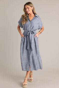 Take a walk on the whimsical side with our Endless Journey Blue Stripe Midi Shirt Dress. It's not your average striped dress - this midi features a playful blue stripe pattern and a unique shirt dress design. Stand out from the crowd with this stylish piece. This blue dress features a functional button front, an optional self-tie belt, a collared neckline, and cuffed short sleeves. Blue Stripes Pattern, Sorority Rush Dresses, Halter Bridesmaid Dress, Rush Dresses, Design Stand, Take A Walk, Unique Shirt, Black Dresses Casual, Midi Shirt Dress