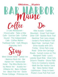 the bar harbor maine coffee do list is shown in red and green text on a white background