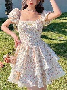 Flower Print Kawaii Sweet Dress Women Hollow Out French Vintage Mini Dress Female Butterfly-knot Vintage Mini Dress, Spring Trends Outfits, Vintage Mini Dresses, Cotton Long Dress, Dream Dresses, Butterfly Knot, Chic Sweaters, Designer Dress, Inspired Outfits