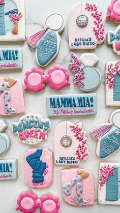 Mamma Mia Decorated sugar cookies Momma Mia Theme Cookies, Dance Party Cookies Decorated, Fun Sugar Cookies Decorated, Mamma Mia Brunch, Disco Cookies Decorated