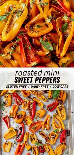 roasted mini sweet peppers with herbs on top and in the background, there is a baking pan full of them